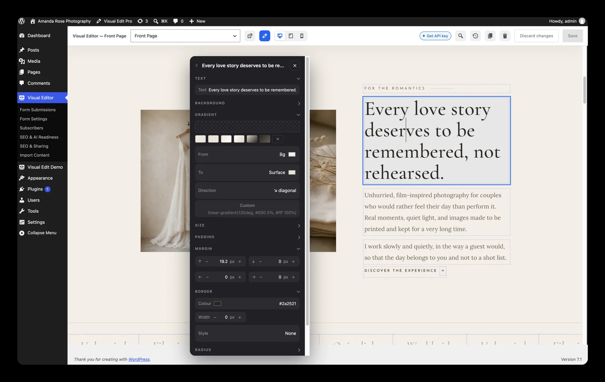 وضع التحرير أثناء تعديل موقع WordPress محوَّل: كل عنصر قابل للتعديل محاط بإطار، ولوحة الصورة مفتوحة على صورة شخصية