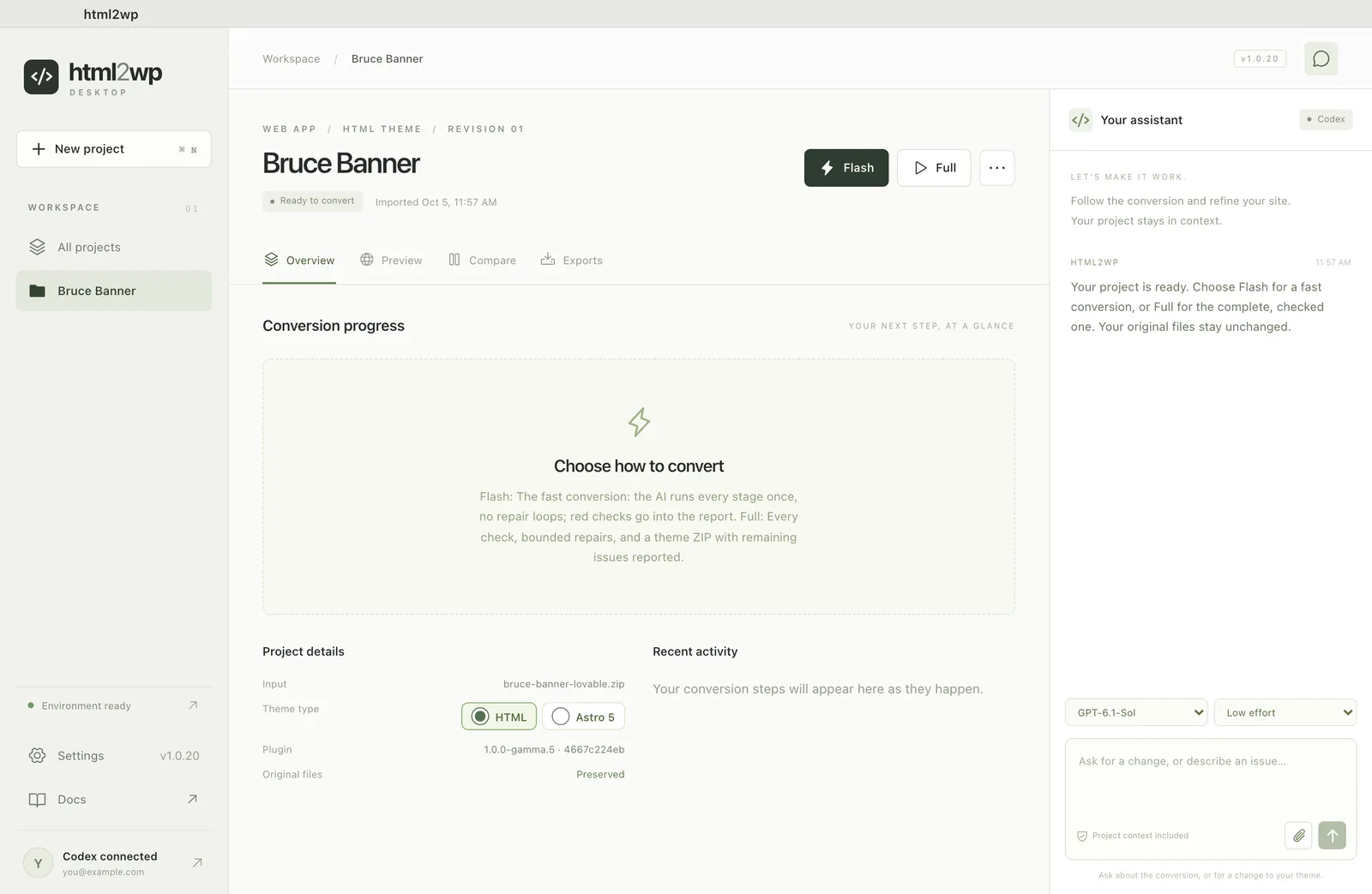 Lovable project in the html2wp app before the Flash or Full WordPress conversion starts