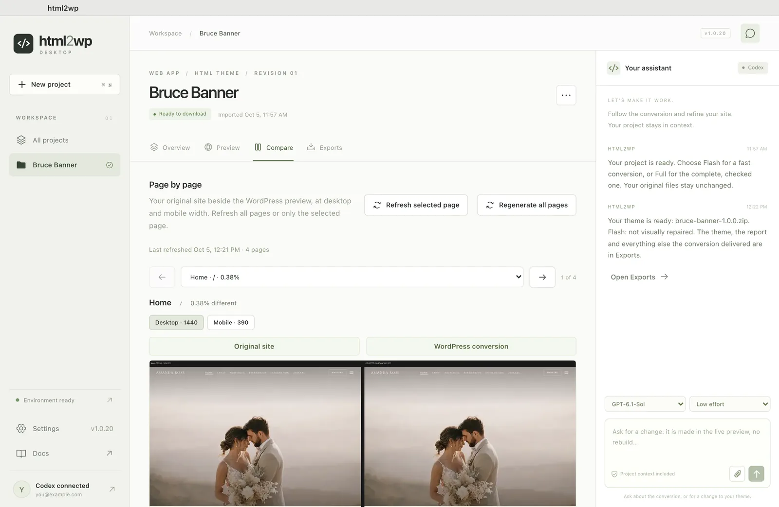 Compare tab in the html2wp app: the original on the left, the WordPress version on the right
