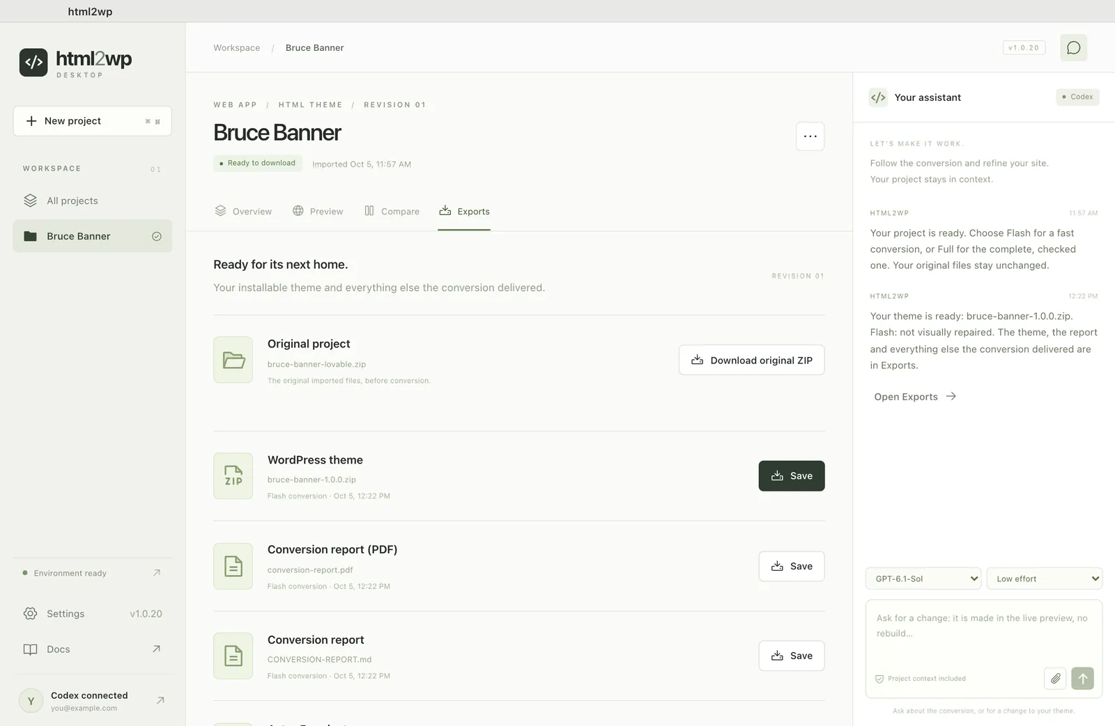 Exports tab in the html2wp app with the WordPress theme ZIP and the conversion report