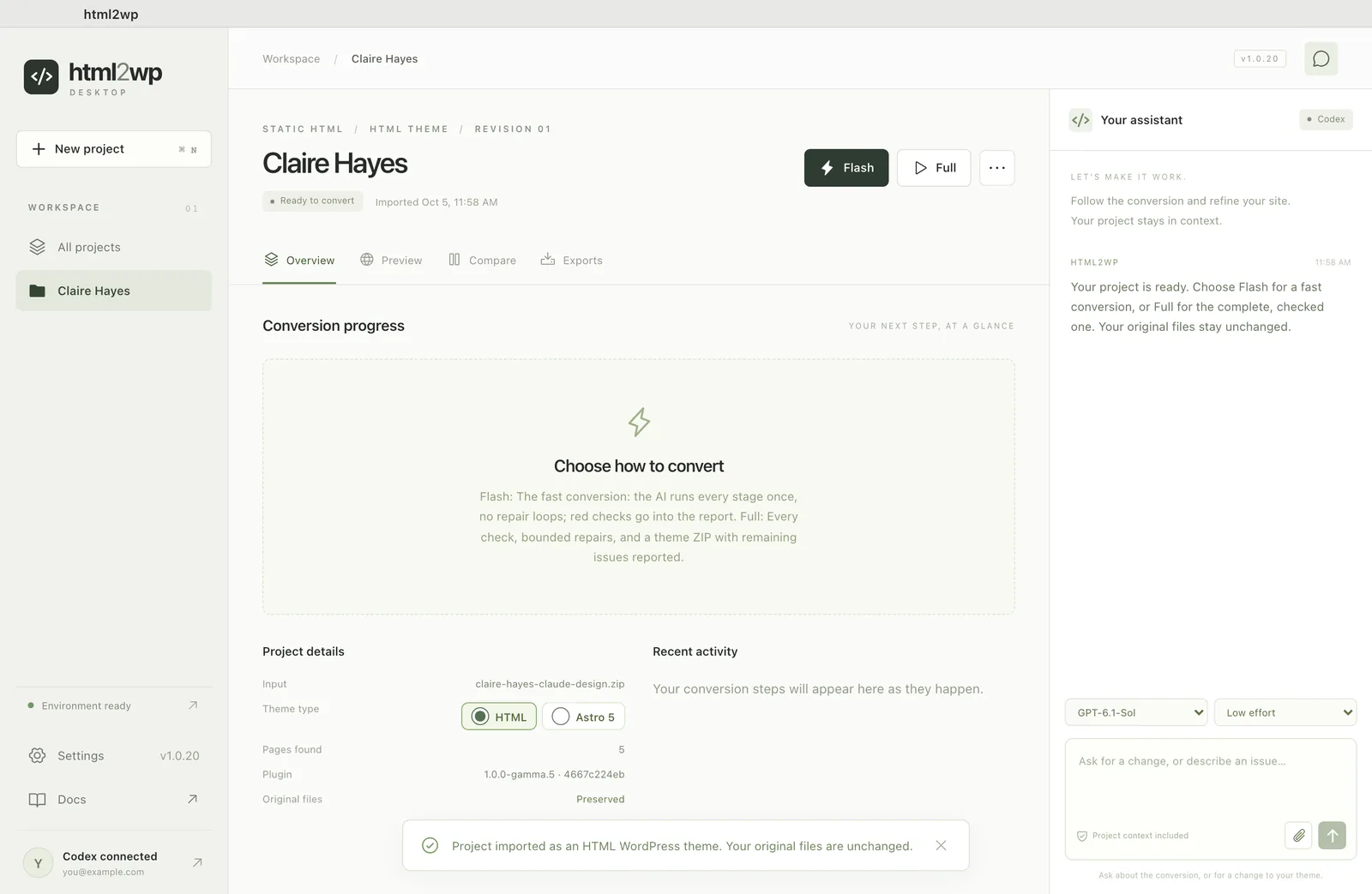 Claude Design export imported into the html2wp app as static HTML