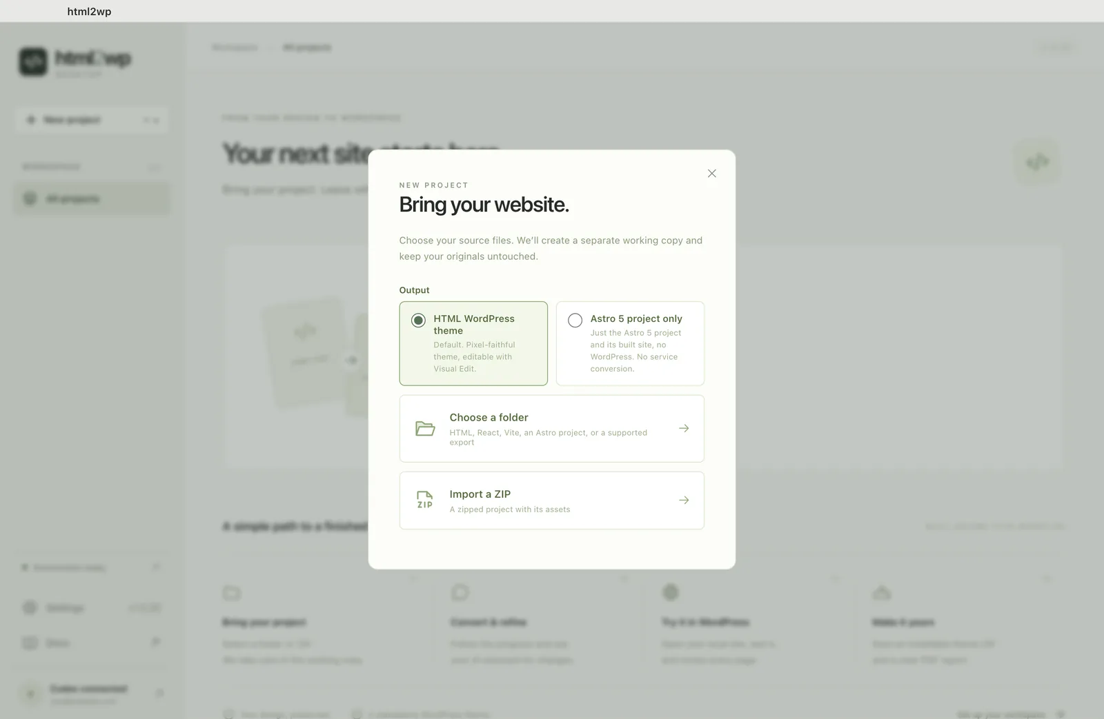 New project window in html2wp: WordPress theme output and a folder or ZIP import for the Lovable project