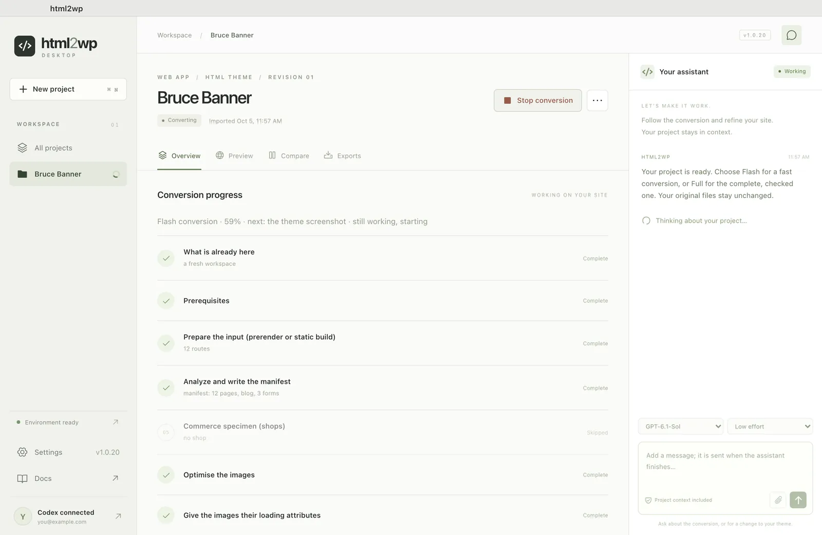 Flash conversion from Lovable to WordPress in the html2wp app, with progress and the Stop conversion button