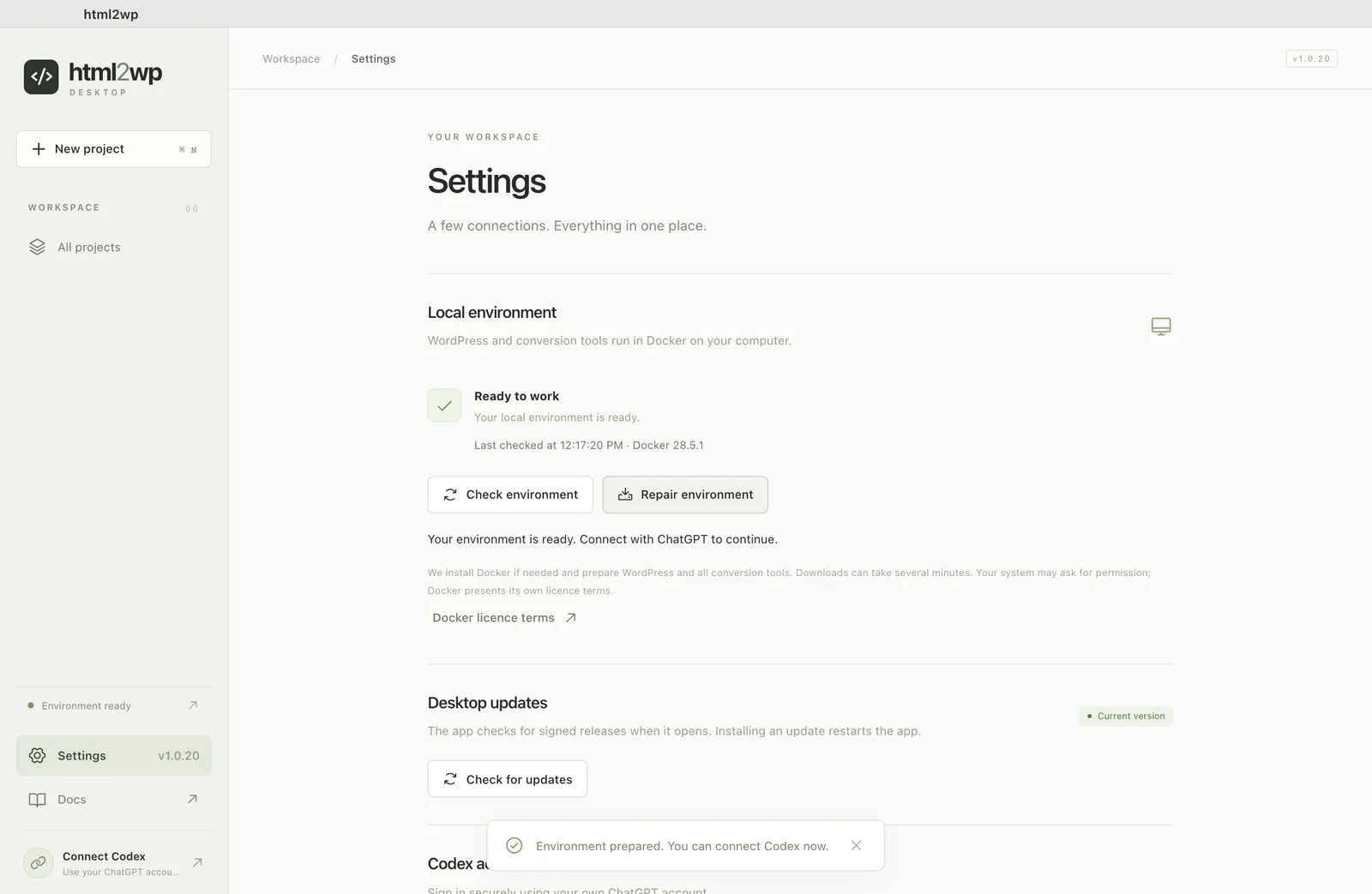 html2wp app with the environment prepared and the Repair environment button